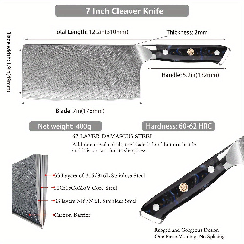 Chinese Chef Knife - 7 inches Japanese VG10 Steel Core Forged Damascus BladeVegetable Cleaver Knife, Resin Handle, Heavy Duty Blade for Home Kitchen and Restaurant