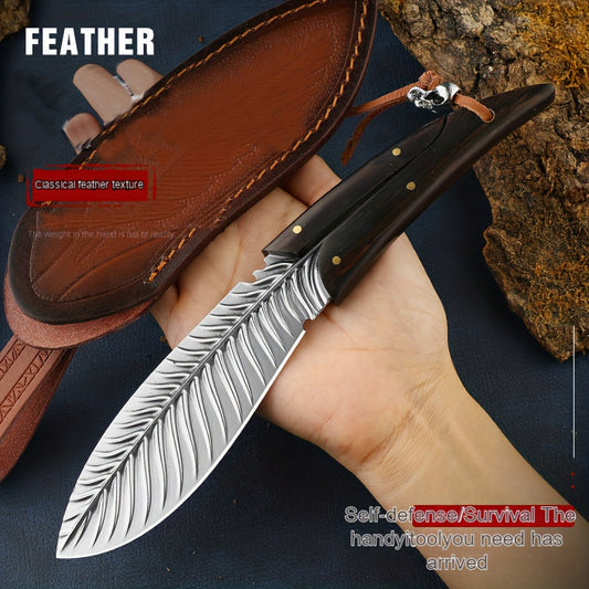 1pc, Feather Pattern Knife, Household Fruit Knife, Steak Knife, Camping Lamb Knife, Barbecue Meat Knife, Cleaver Knife, Meat Butcher Knife, Damascus Steel Feather Knife For Outdoor Camping Picnic, Kitchen Stuff