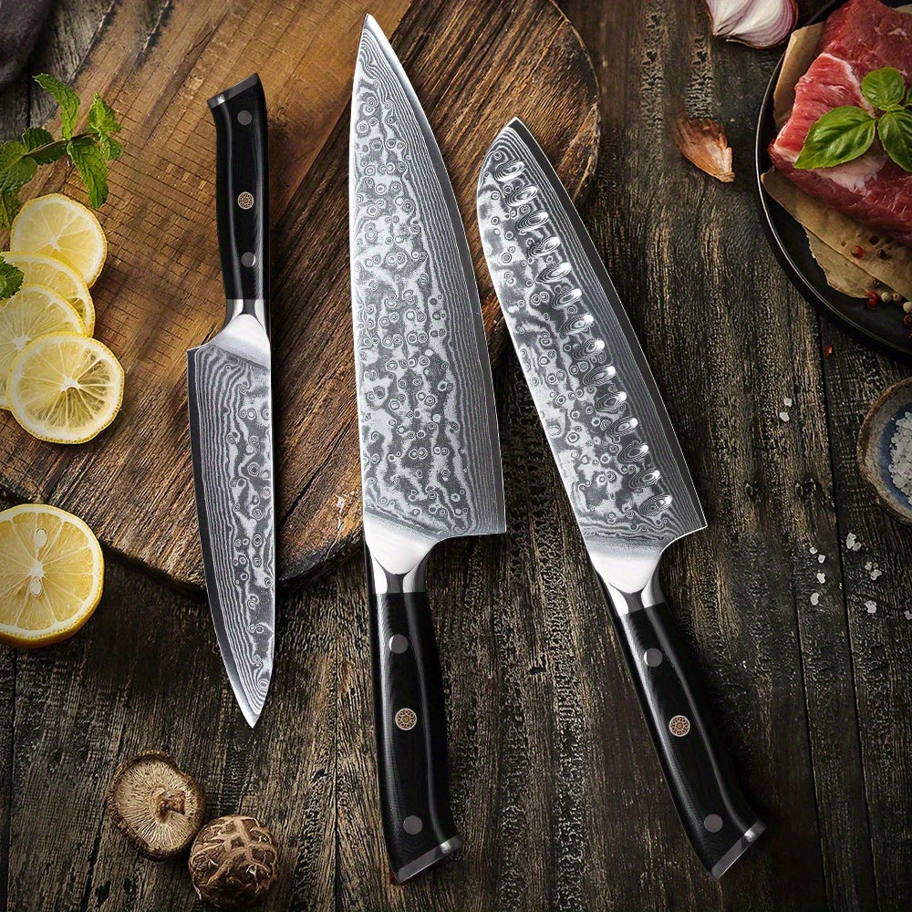 1/3pcs, Knives Set, Kitchen Knife Set, 67-Layer Damascus Steel Knfie, Ultra Sharp Chef Knife, Meat Santoku Knife, Utility Knife, Versatile Cutting Tools For Home, Restaurant Use, Ergonomic Handle, Kitchen Stuff