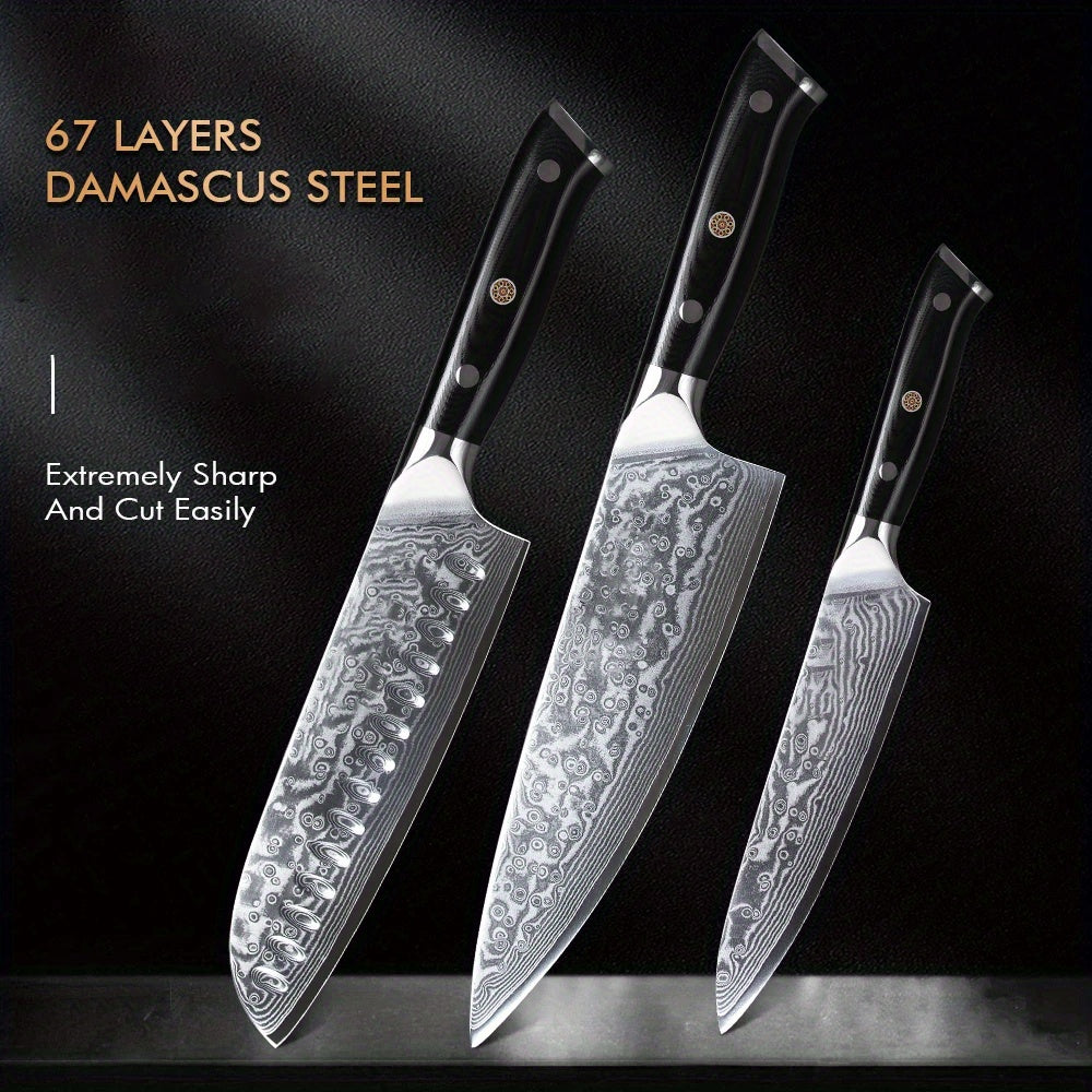 1/3pcs, Knives Set, Kitchen Knife Set, 67-Layer Damascus Steel Knfie, Ultra Sharp Chef Knife, Meat Santoku Knife, Utility Knife, Versatile Cutting Tools For Home, Restaurant Use, Ergonomic Handle, Kitchen Stuff