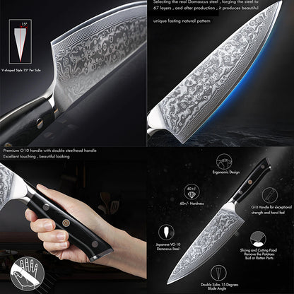 1/3pcs, Knives Set, Kitchen Knife Set, 67-Layer Damascus Steel Knfie, Ultra Sharp Chef Knife, Meat Santoku Knife, Utility Knife, Versatile Cutting Tools For Home, Restaurant Use, Ergonomic Handle, Kitchen Stuff