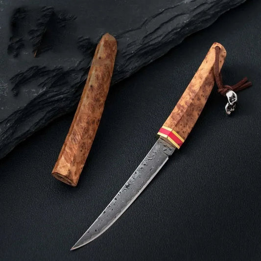 1PC Damascus portable pocket knife, fruit knife for outdoor camping, wooden handle, cutting knife, boning knife