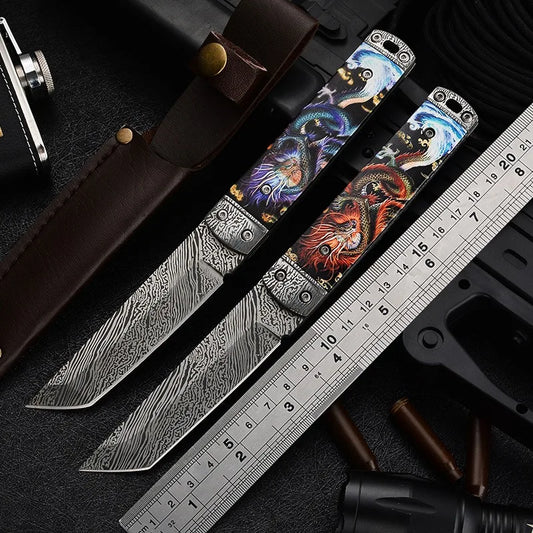 1pc Damascus Steel Outdoor Straight Knife，Portable EDC Pocket Knife with Scabbard，Multi -purpose Cutting Knife and Fruit Knife