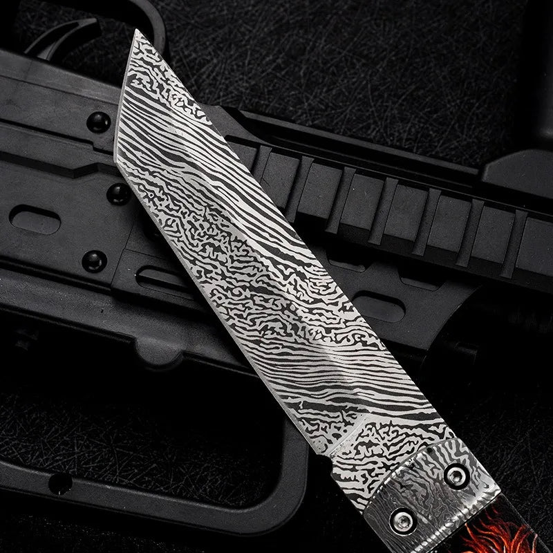 1pc Damascus Steel Outdoor Straight Knife，Portable EDC Pocket Knife with Scabbard，Multi -purpose Cutting Knife and Fruit Knife