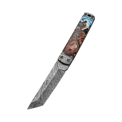 1pc Damascus Steel Outdoor Straight Knife，Portable EDC Pocket Knife with Scabbard，Multi -purpose Cutting Knife and Fruit Knife