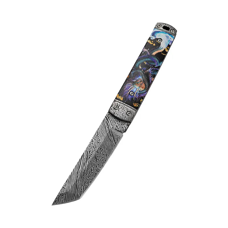 1pc Damascus Steel Outdoor Straight Knife，Portable EDC Pocket Knife with Scabbard，Multi -purpose Cutting Knife and Fruit Knife