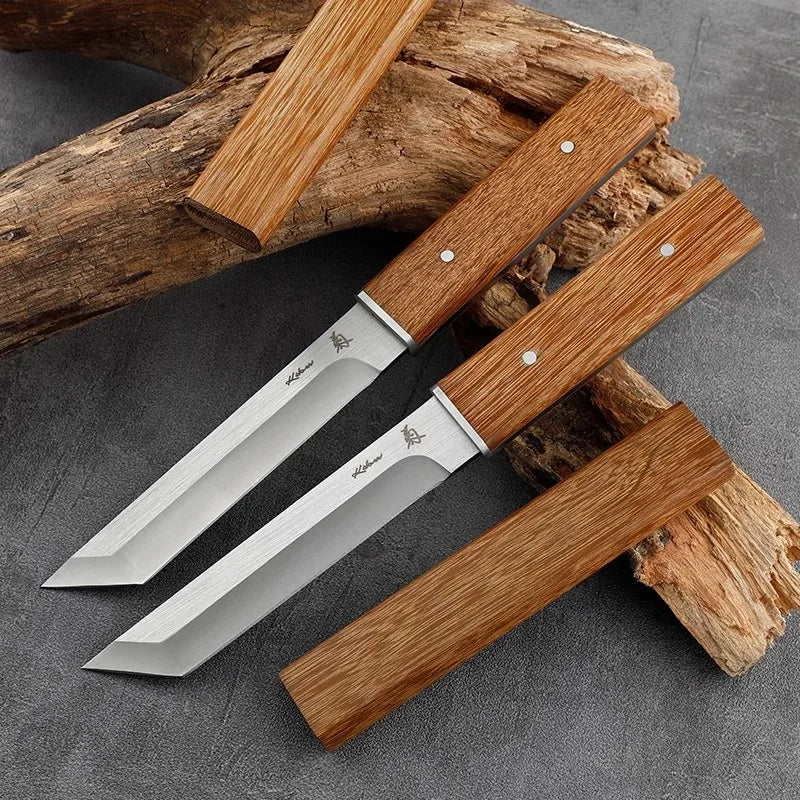 1pc Stainless Steel Portable Camping Kitchen Knife，EDC Outdoor Straight Knife of Wooden Handle，Multi -purpose Cutting Knife