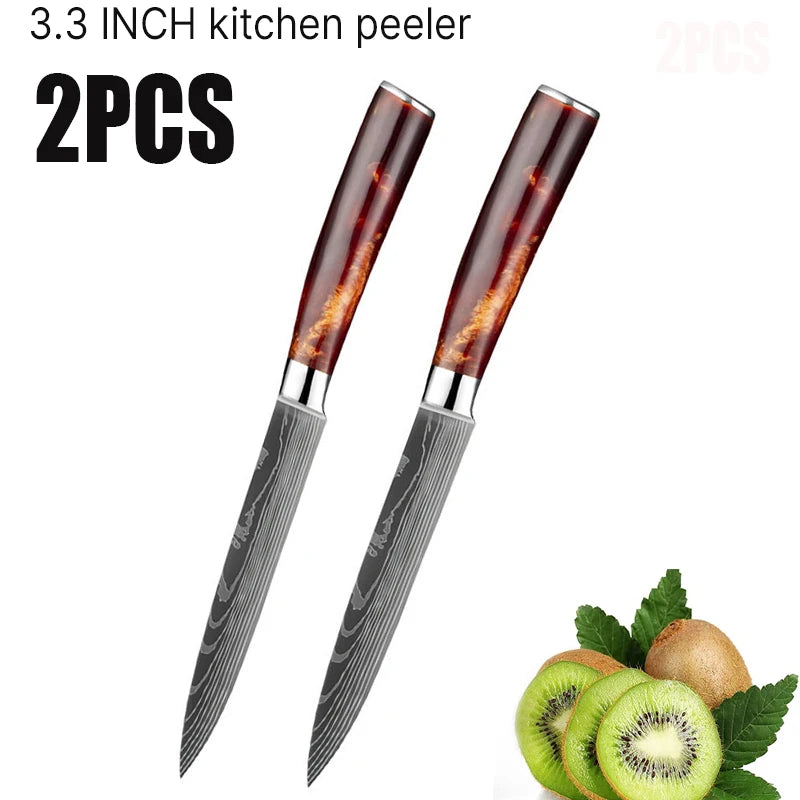 3.5in Damascus Fruit Knife Household Sharp Auxiliary Food Knife Fruit Peeling Knives Resin Handle Kitchen Fruit Small Knife