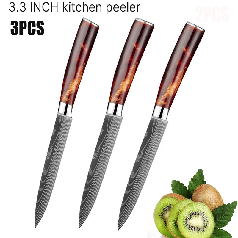 3.5in Damascus Fruit Knife Household Sharp Auxiliary Food Knife Fruit Peeling Knives Resin Handle Kitchen Fruit Small Knife