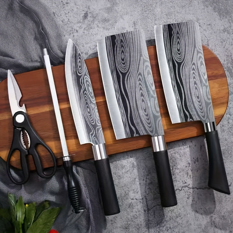 6pcs/set, Damascus Kitchen Knife Set, Stainless Steel Chef Knife, Slicing Knife, Bone Cleaver, Kitchen Vegetable Knife, Kitchen Utensils, Kitchen Supplies, Kitchen Accessaries