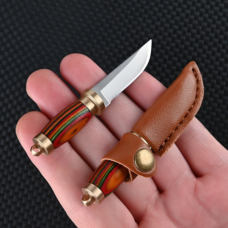 1pc EDC Tool Brass Colored Wood Handle SUS Blade Mini Knife Sharp Chopper Key Chain Hanging Knife With Sheath