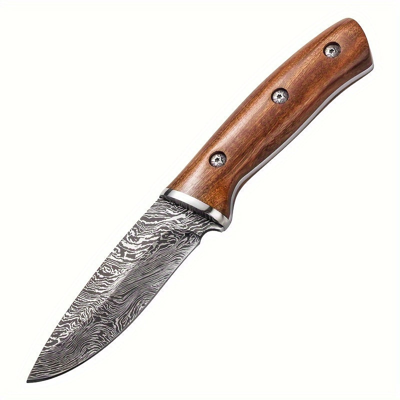 9.3 Inch Hunting Knife, 4mm Thick Imitation Damascus Pattern Knife, High Carbon Stainless Steel Knife With Solid Wood Handle For Outdoor Tactical Camping, Hunting, Camping, Barbecue, Kitchen Stuff