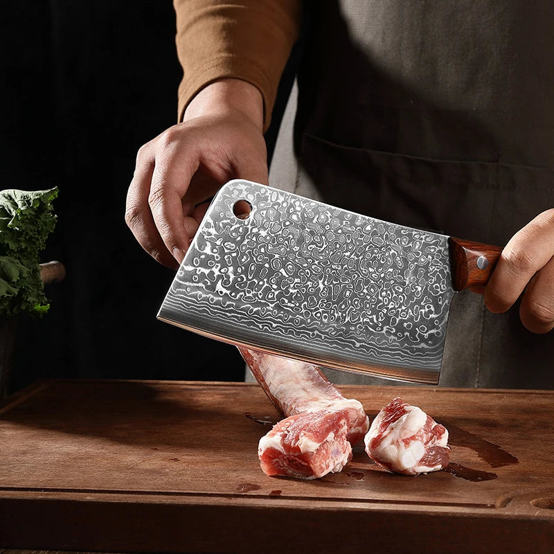 67-layer Damascus Steel Bone Cleaver Chef's Special Dual-purpose Bone Cutting Knife with Thickened Wooden Handle Bone Knife