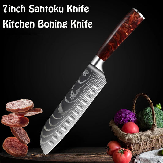 7inch Damascus Pattern Kitchen Knives Japanese Santoku Knife Meat Cleaver Fruit Slicing Knife Utility Knives Red Resin Handle