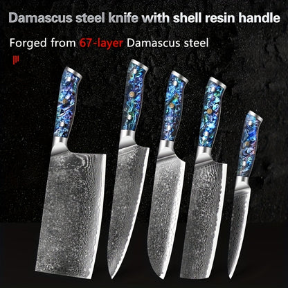 "Damascus Knife", Blue Resin Handle Kitchen Knife, Kitchen Knife, Damascus Multi-purpose Knife, Chef Knife, Boning Knife, Santoku K Bread Knife, Fruit Knife, Kitchen Stuff