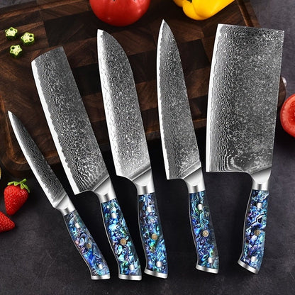 "Damascus Knife", Blue Resin Handle Kitchen Knife, Kitchen Knife, Damascus Multi-purpose Knife, Chef Knife, Boning Knife, Santoku K Bread Knife, Fruit Knife, Kitchen Stuff