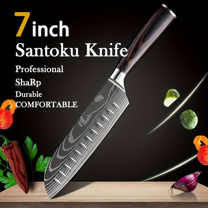 1pc,Kitchen KnifeStainless Steel Kitchen Knife Cooking Knife Laser Damascus Pattern Santoku Knife Professional Boning Knife Sharp Fruit Knife Japanese Santoku Knife Cleaver Slicing Utility Knife