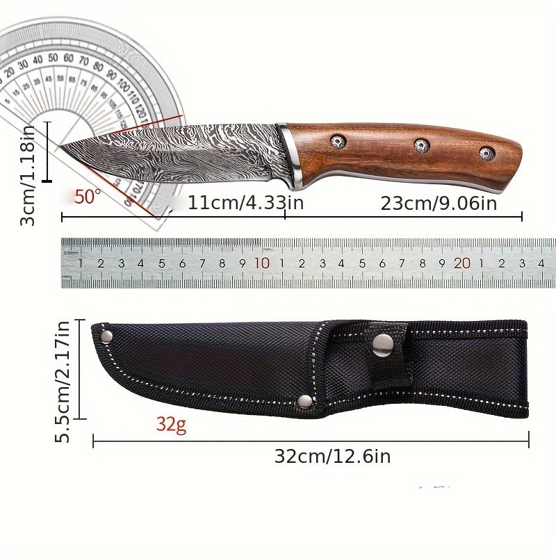 9.3 Inch Hunting Knife, 4mm Thick Imitation Damascus Pattern Knife, High Carbon Stainless Steel Knife With Solid Wood Handle For Outdoor Tactical Camping, Hunting, Camping, Barbecue, Kitchen Stuff