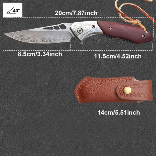 Damascus Pocket Knife, VG10 Damascus Steel Folding Knife with Wood Handle, Liner Lock, Leather Sheath, EDC Knife for Outdoor Survival Hunting Collection