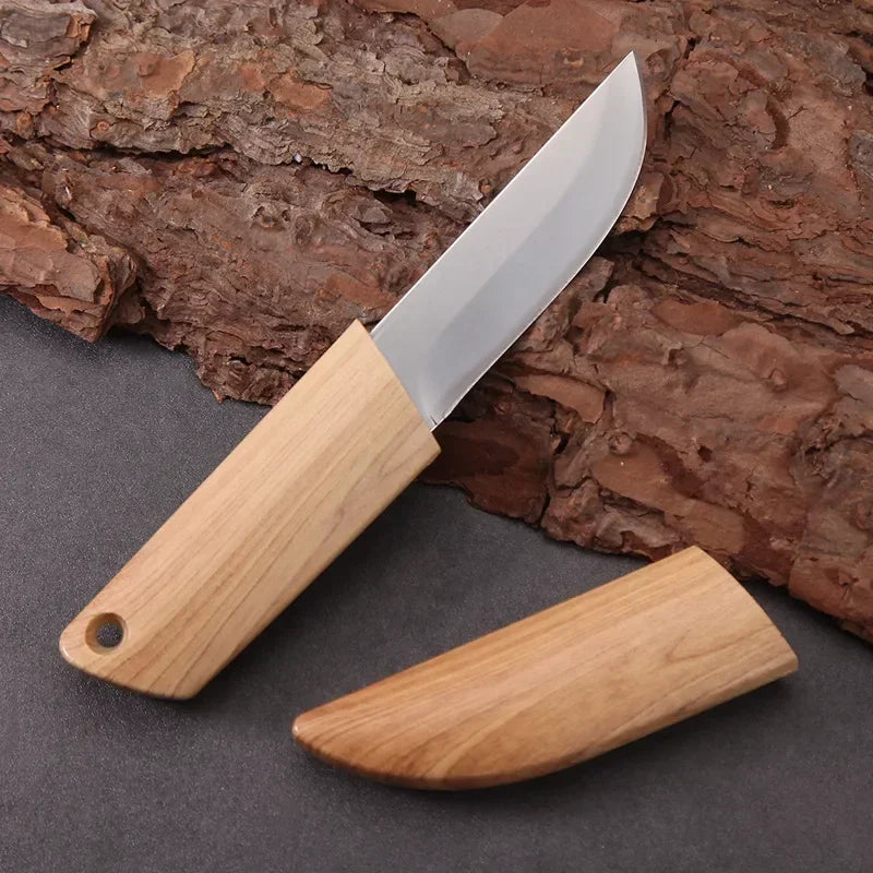 Blade EDC Kitchen Fruit Imitation Wood Handle Knife with Wooden Sheath Outdoor Camping Multifunctional Unpacking Knife