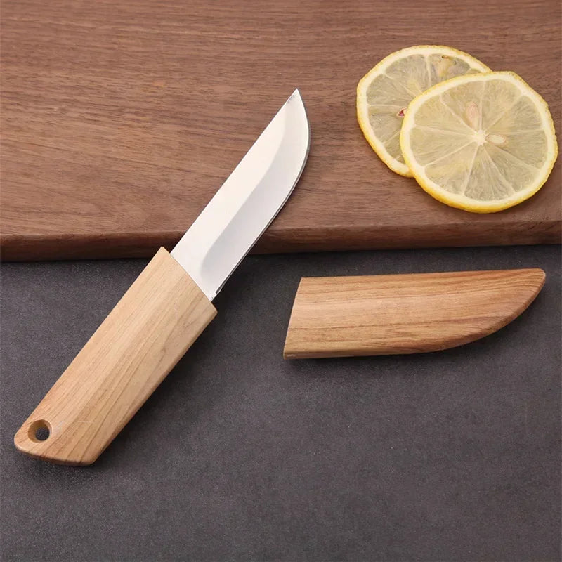 Blade EDC Kitchen Fruit Imitation Wood Handle Knife with Wooden Sheath Outdoor Camping Multifunctional Unpacking Knife