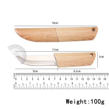 Blade EDC Kitchen Fruit Imitation Wood Handle Knife with Wooden Sheath Outdoor Camping Multifunctional Unpacking Knife