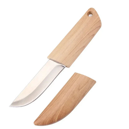 Blade EDC Kitchen Fruit Imitation Wood Handle Knife with Wooden Sheath Outdoor Camping Multifunctional Unpacking Knife