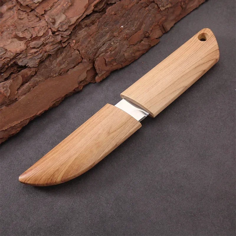 Blade EDC Kitchen Fruit Imitation Wood Handle Knife with Wooden Sheath Outdoor Camping Multifunctional Unpacking Knife