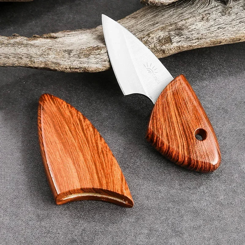 Blade EDC Kitchen Fruit Imitation Wood Handle Knife with Wooden Sheath Outdoor Camping Multifunctional Unpacking Knife