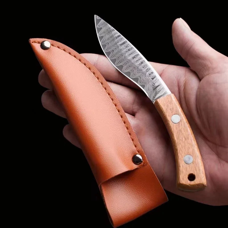 Damascus Patterned Hand Forged Meat Knife Leather Cover Barbecue Meat Camping Outdoor Multi Purpose High Hardness Small Knife