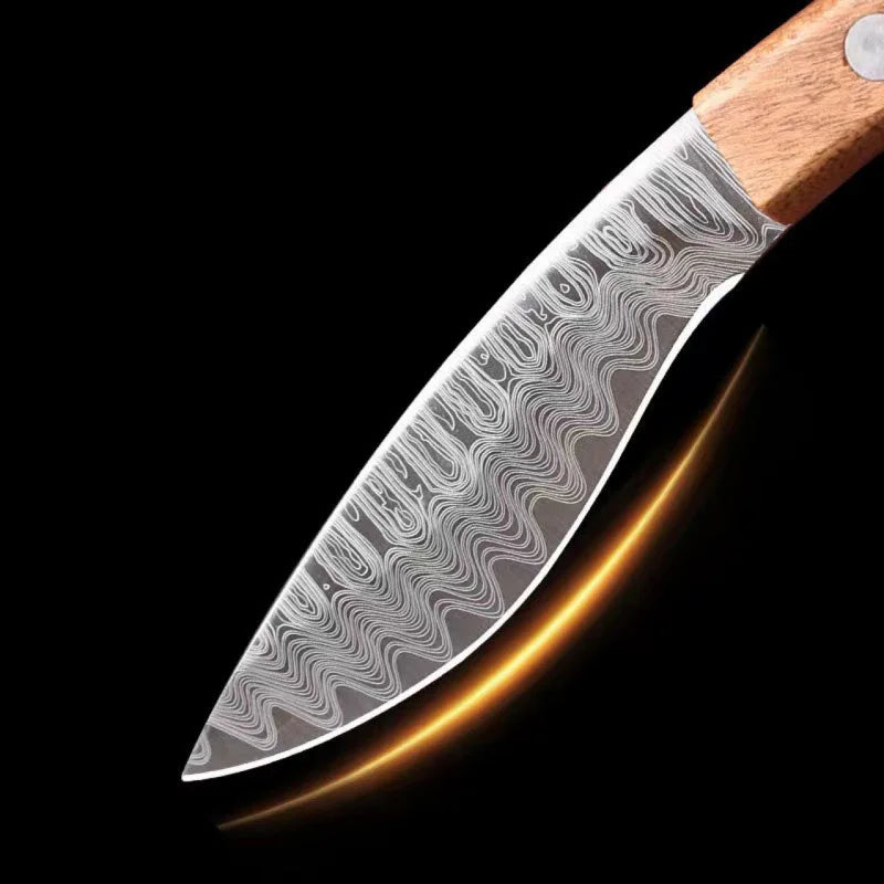 Damascus Patterned Hand Forged Meat Knife Leather Cover Barbecue Meat Camping Outdoor Multi Purpose High Hardness Small Knife