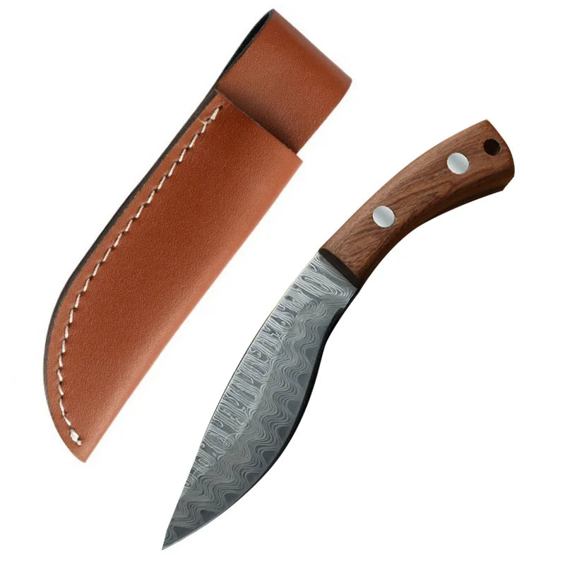 Damascus Patterned Hand Forged Meat Knife Leather Cover Barbecue Meat Camping Outdoor Multi Purpose High Hardness Small Knife