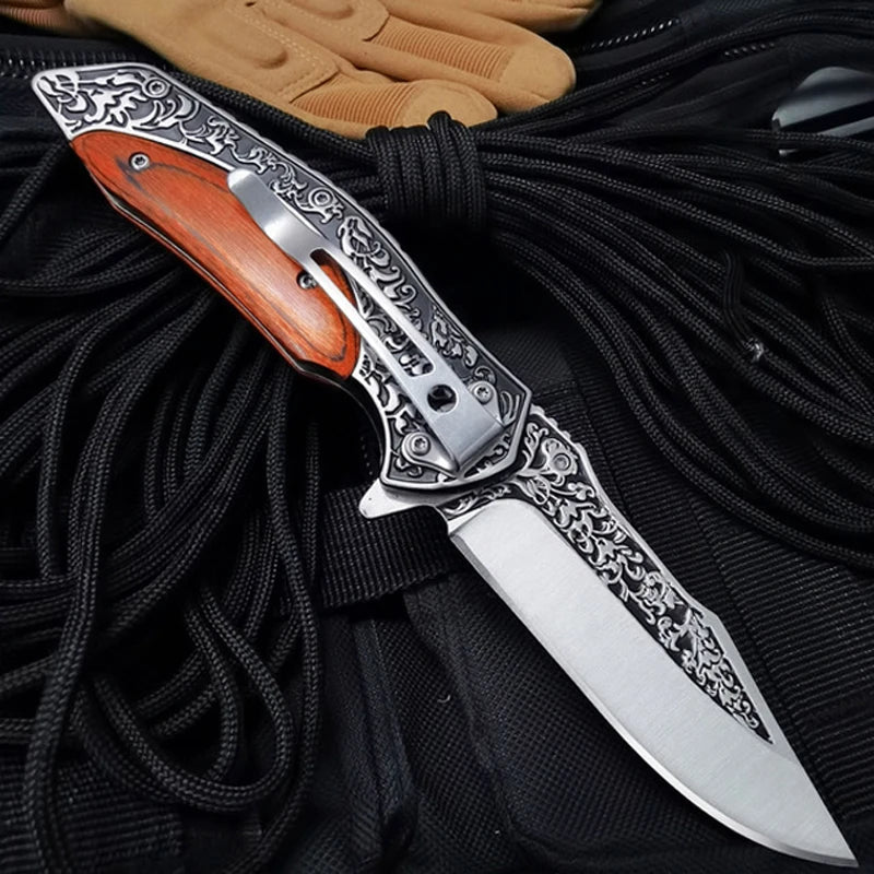 Damascus Steel Knife Quick Open Folding Blade Knife 440C Wood Handle Pocket Folding Knife Camping Hunting Survival Knives