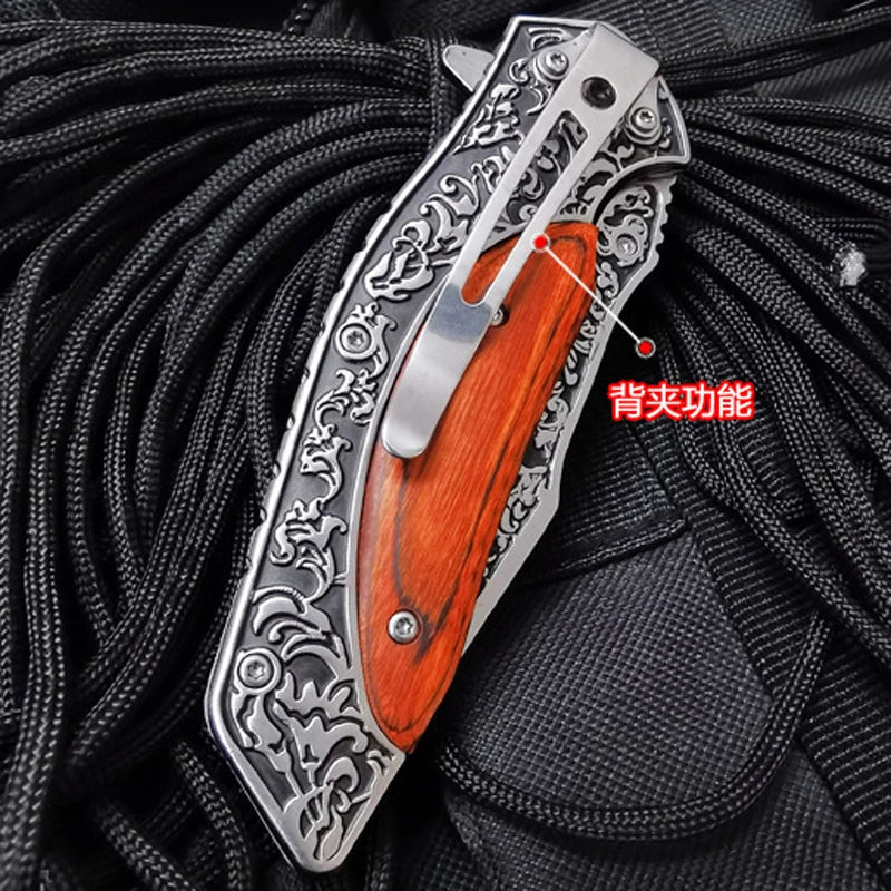 Damascus Steel Knife Quick Open Folding Blade Knife 440C Wood Handle Pocket Folding Knife Camping Hunting Survival Knives