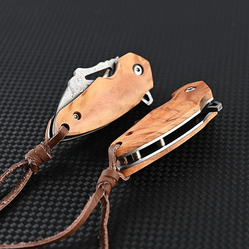 Damasque Steel Sharp Folding Knife Olive Wood Handle EDC High Hardness Outdoor Hunting Self-defense Portable Utility Knife Gift