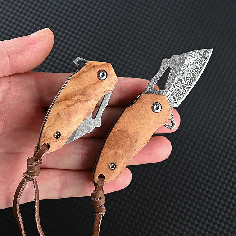 Damasque Steel Sharp Folding Knife Olive Wood Handle EDC High Hardness Outdoor Hunting Self-defense Portable Utility Knife Gift