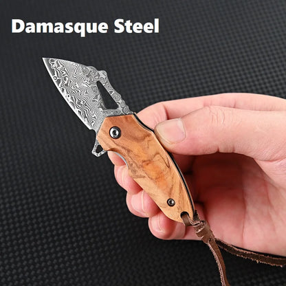 Damasque Steel Sharp Folding Knife Olive Wood Handle EDC High Hardness Outdoor Hunting Self-defense Portable Utility Knife Gift