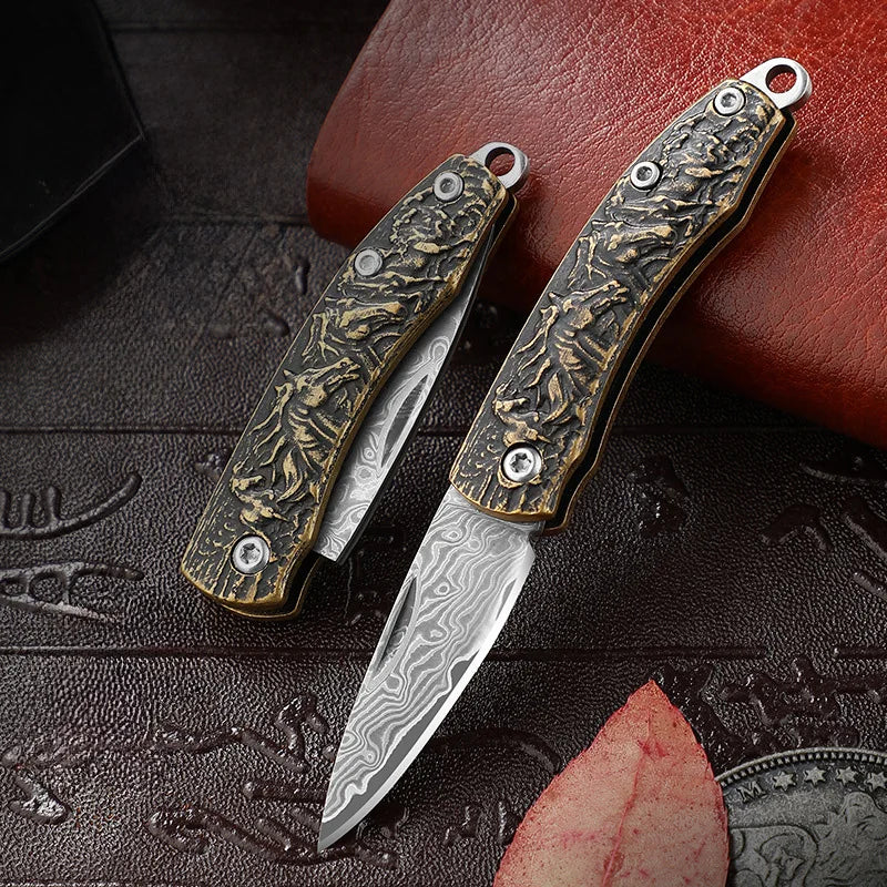 EDC Outdoor Pocket Knife Portable Folding Knife of Brass Handle Multi-purpose Fruit Knife for Self Defense Hiking BBQ Box Cutter