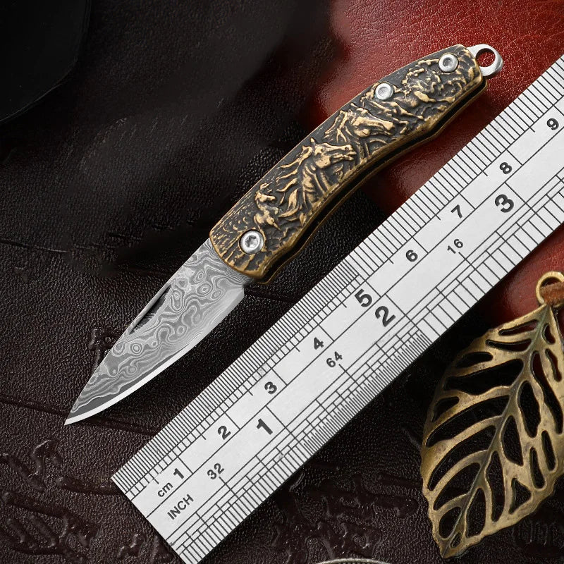 EDC Outdoor Pocket Knife Portable Folding Knife of Brass Handle Multi-purpose Fruit Knife for Self Defense Hiking BBQ Box Cutter