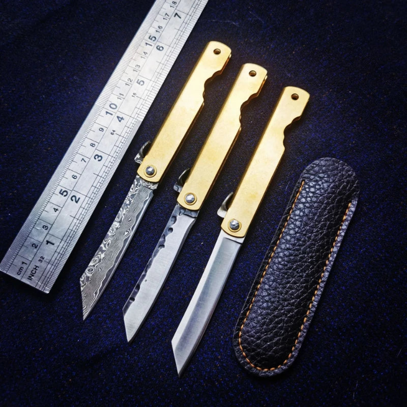 Folding Knife Damascus Mini Portable Self-defense Tactical Copper Handle Manual Knife Portable Fishing Outdoor Tool