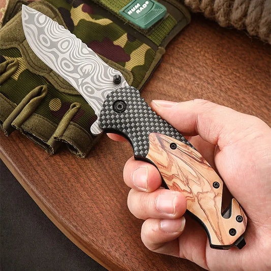 Folding Outdoor Knife Camping Survival High Hardness Folding Knife Portable Multi-Purpose Damascus Pattern Pocket Knife