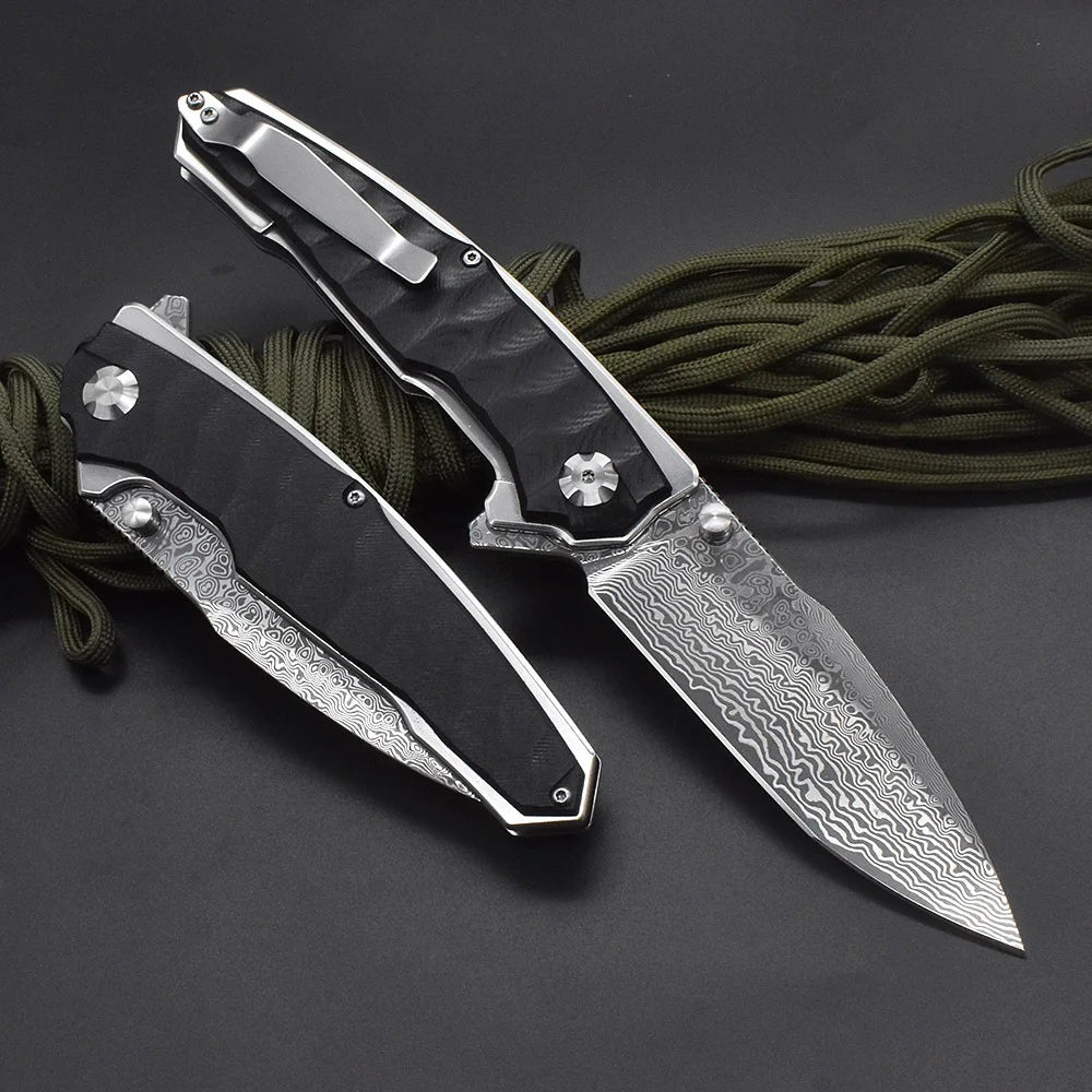 Folding Blade Damascus G10 Handle Tactical Knife Outdoor Hiking Portable Utility Kitchen Survival Camping Hunting Knife