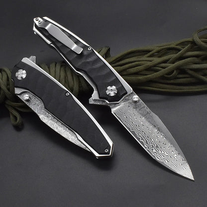 KESIWO Folding Blade Damascus G10 Handle Tactical Knife Outdoor Hiking Portable Utility Kitchen Survival Camping Hunting Knife