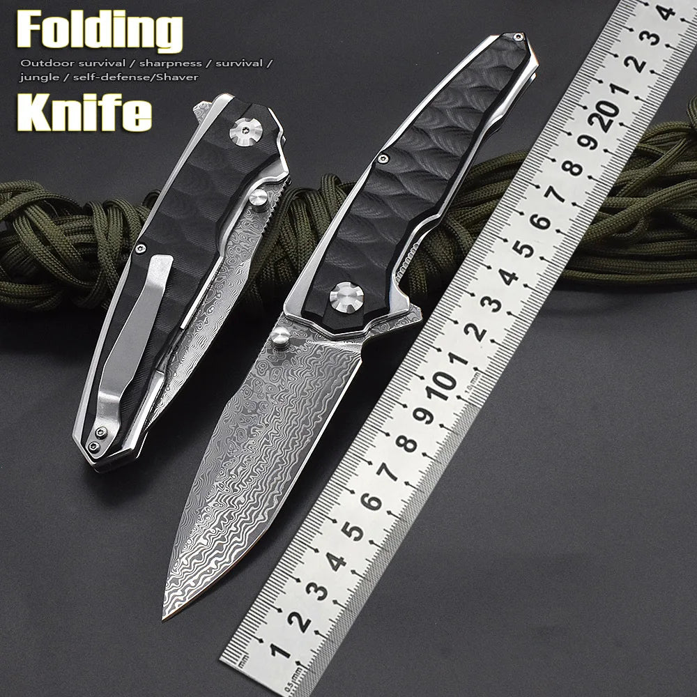 Folding Blade Damascus G10 Handle Tactical Knife Outdoor Hiking Portable Utility Kitchen Survival Camping Hunting Knife