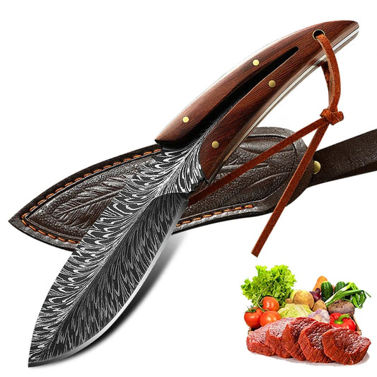 Kitchen Knife Meat Cleaver Knife Feather Pattern Knife With Sheath Stainless Steel Fruit Knives with Non-slip handle Bone Knife