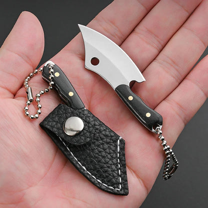 Mini Wooden Handle Knife Outdoor Camping Open Box with Chain Portable EDC Key Knife with Leather Sheath Chain