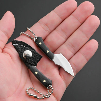 Mini Wooden Handle Knife Outdoor Camping Open Box with Chain Portable EDC Key Knife with Leather Sheath Chain