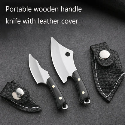 Mini Wooden Handle Knife Outdoor Camping Open Box with Chain Portable EDC Key Knife with Leather Sheath Chain