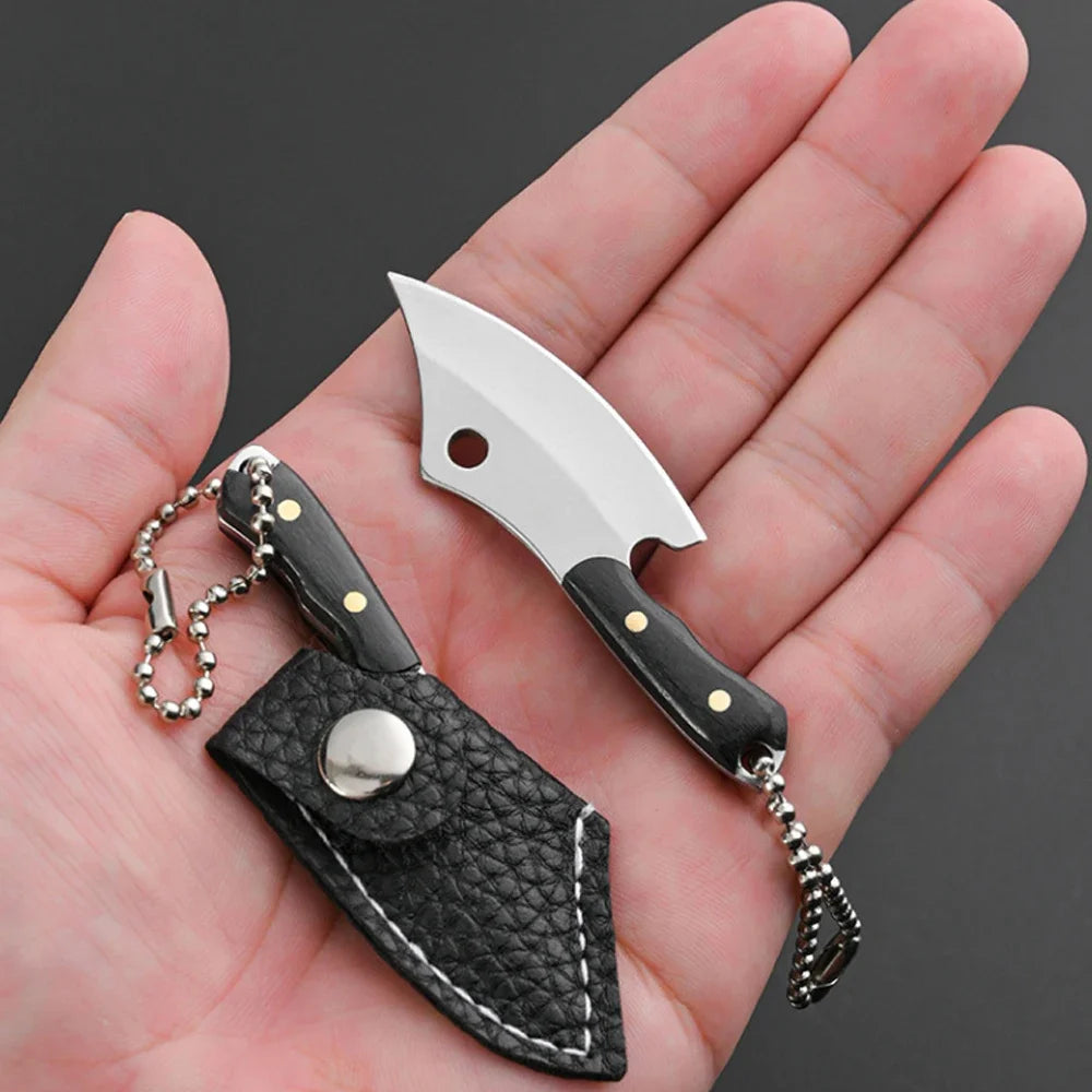 Mini Wooden Handle Knife Outdoor Camping Open Box with Chain Portable EDC Key Knife with Leather Sheath Chain