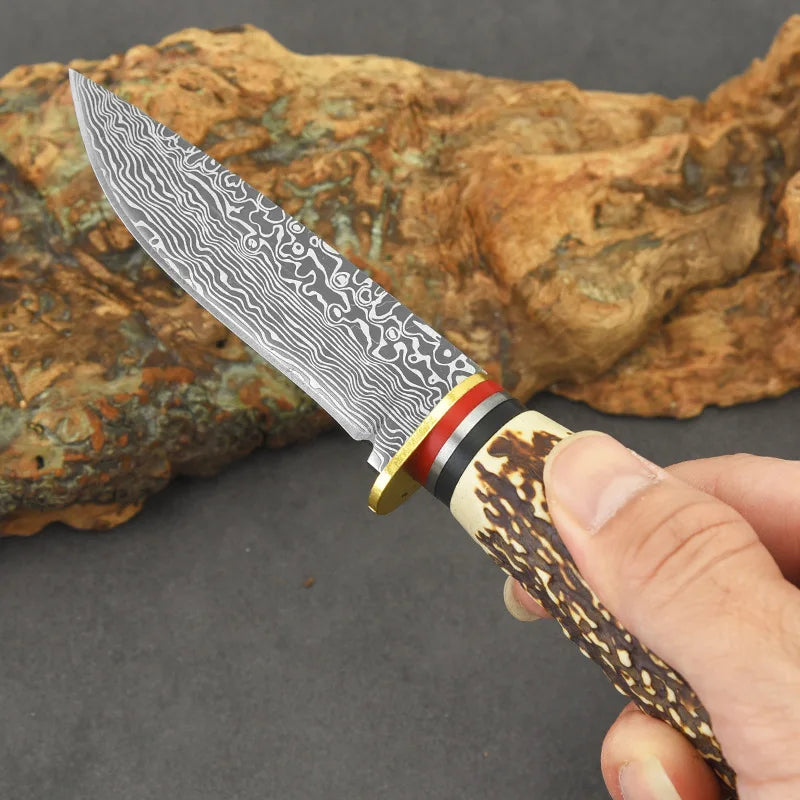 New outdoor knife Damascus patterned imitation bone handle with sharp meat slicing Inner Mongolia small knife D3 handle